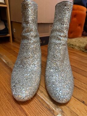 J. Crew Silver Glitter Block Heel Ankle Boots